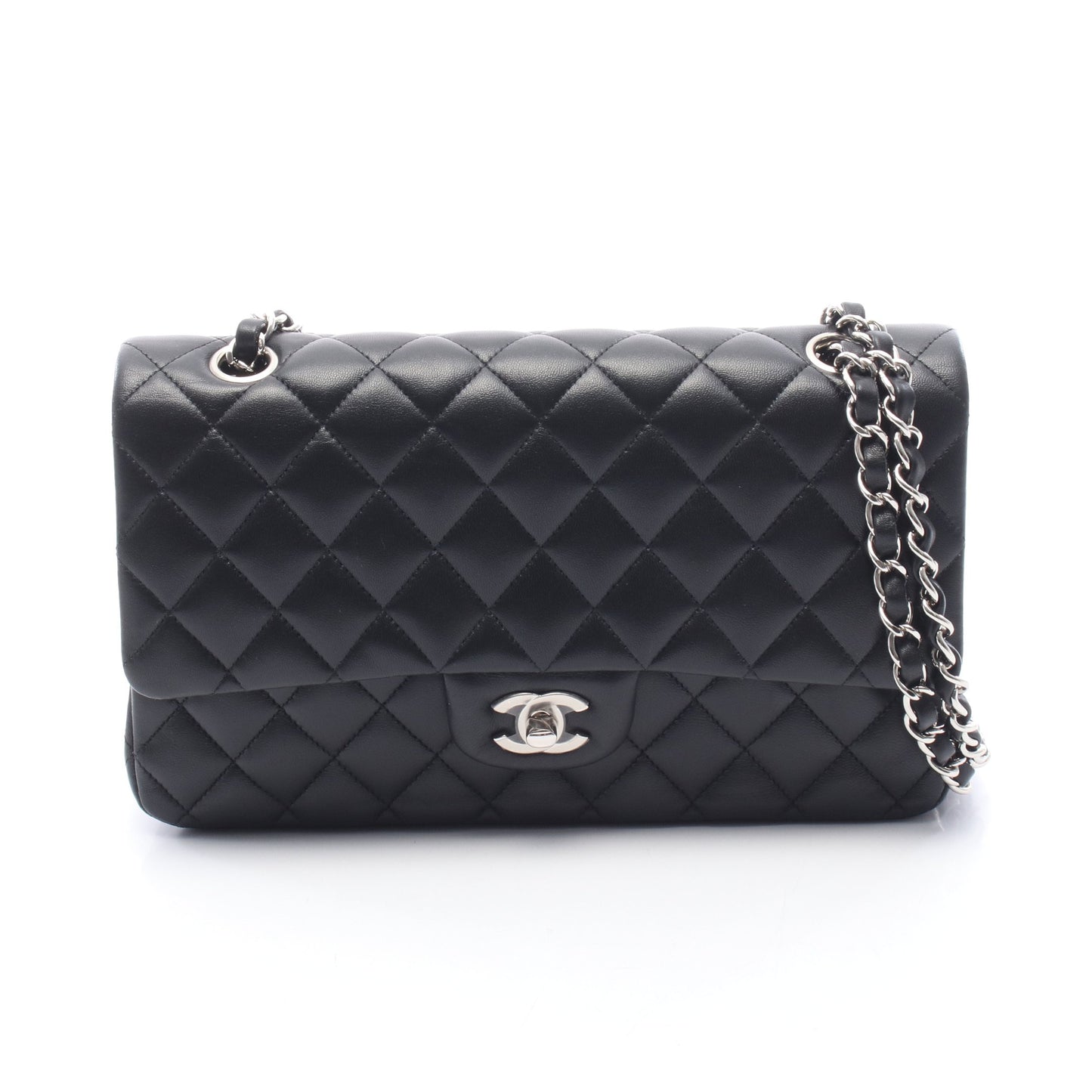 マトラッセ Wフラップ Wチェーンショルダーバッグ ラムスキン ブラック シルバー金具 シャネル バッグ CHANEL