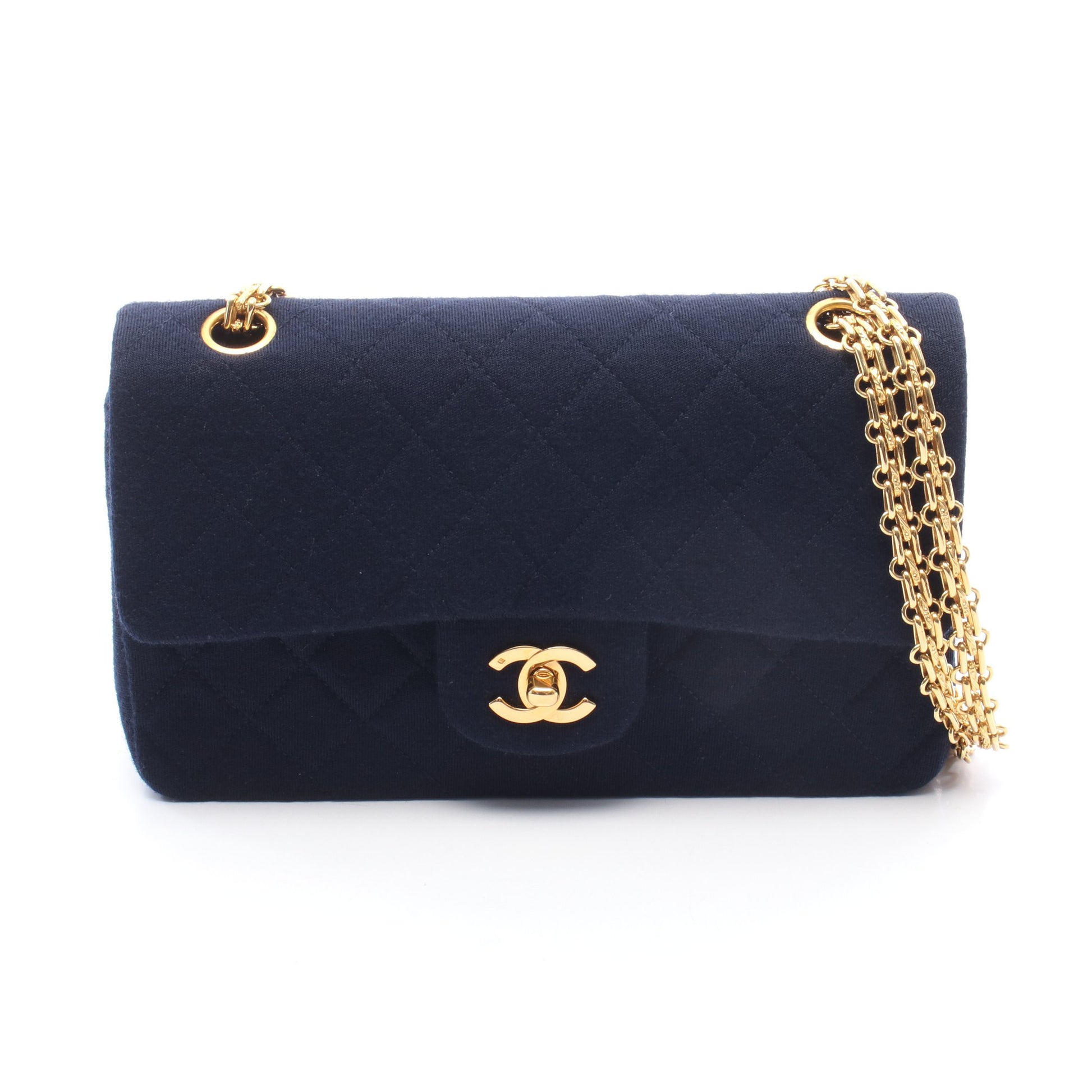 マトラッセ Wフラップ Wチェーンショルダーバッグ コットンジャージ ネイビー ゴールド金具 シャネル バッグ CHANEL