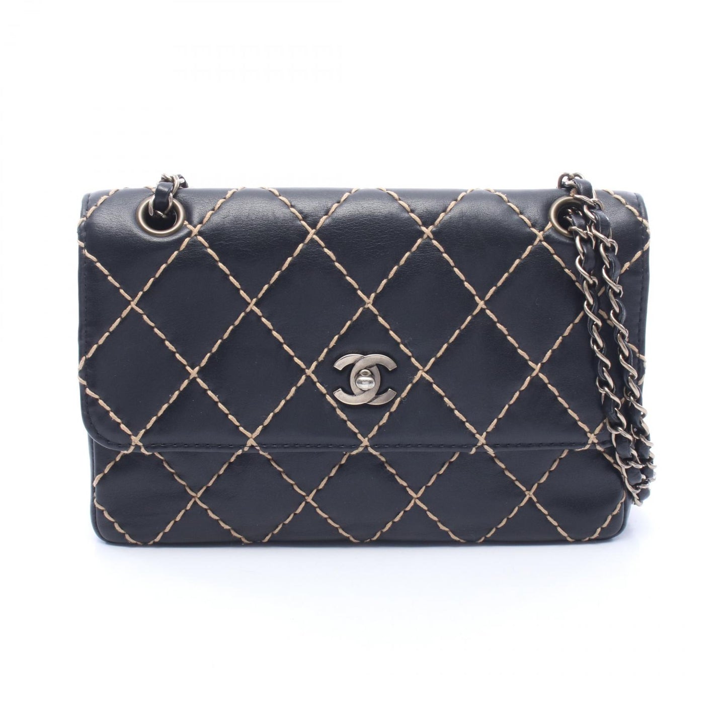 ワイルドステッチ Wチェーンショルダーバッグ レザー ブラック ゴールド金具 シャネル バッグ CHANEL
