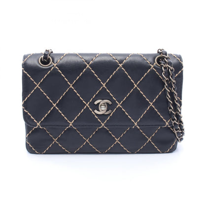 ワイルドステッチ Wチェーンショルダーバッグ レザー ブラック ゴールド金具 シャネル バッグ CHANEL