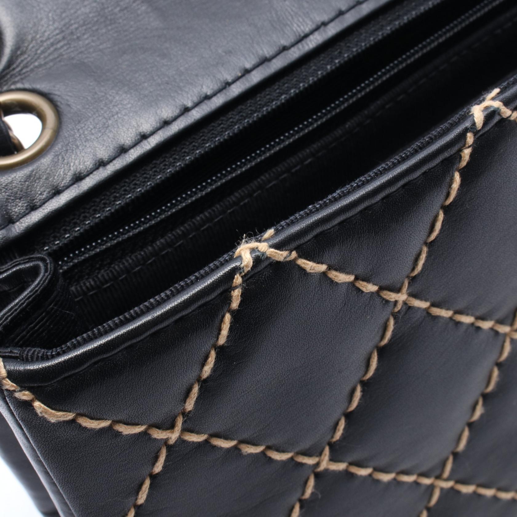 ワイルドステッチ Wチェーンショルダーバッグ レザー ブラック ゴールド金具 シャネル バッグ CHANEL