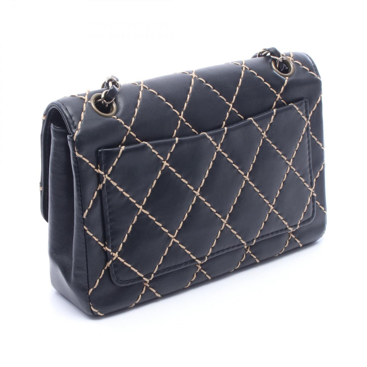 ワイルドステッチ Wチェーンショルダーバッグ レザー ブラック ゴールド金具 シャネル バッグ CHANEL