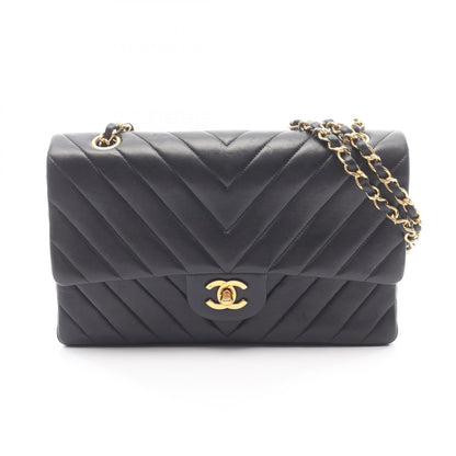 シェブロン Vステッチ Wフラップ Wチェーンショルダーバッグ ラムスキン ブラック ゴールド金具 シャネル バッグ CHANEL