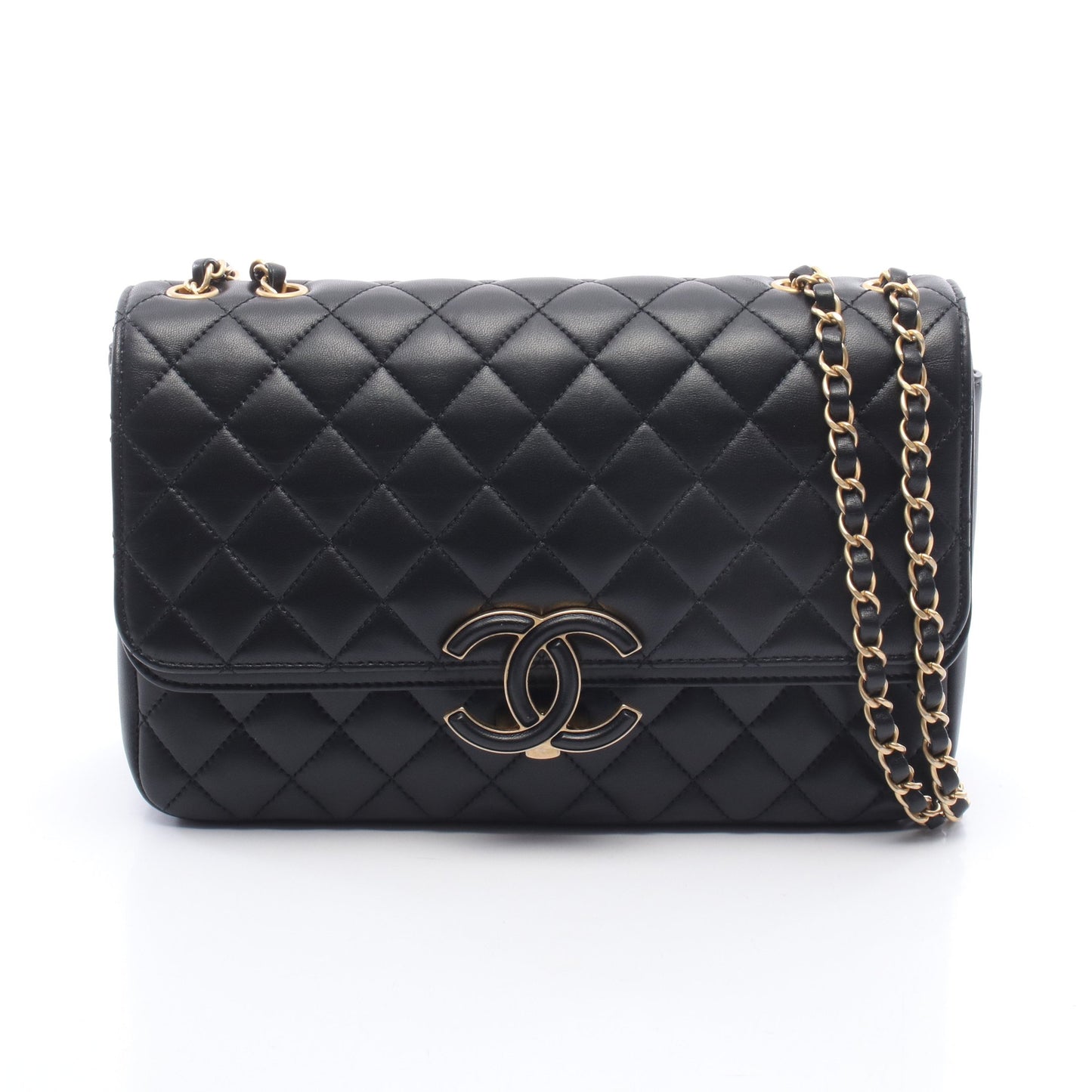 マトラッセ Wフラップ Wチェーンショルダーバッグ ラムスキン ブラック ゴールド金具 シャネル バッグ CHANEL
