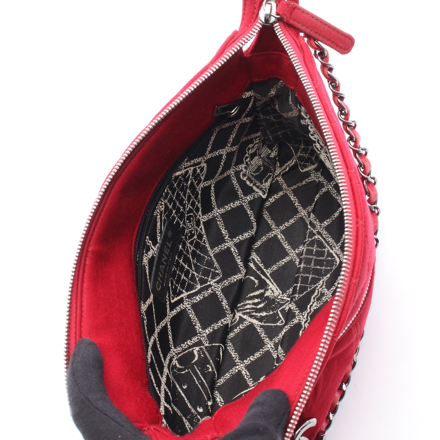 マトラッセ チェーンショルダーバッグ コットンジャージ レッド シルバー金具 シャネル バッグ CHANEL