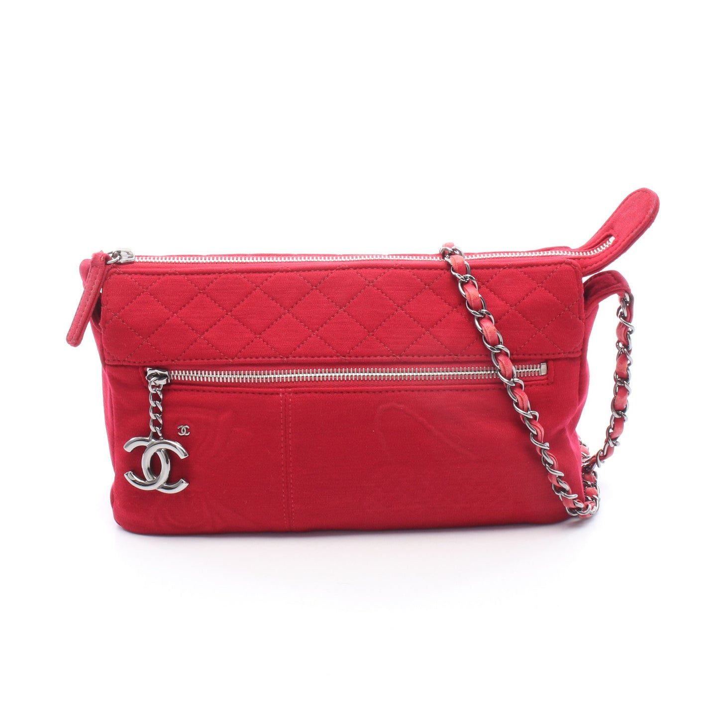 マトラッセ チェーンショルダーバッグ コットンジャージ レッド シルバー金具 シャネル バッグ CHANEL