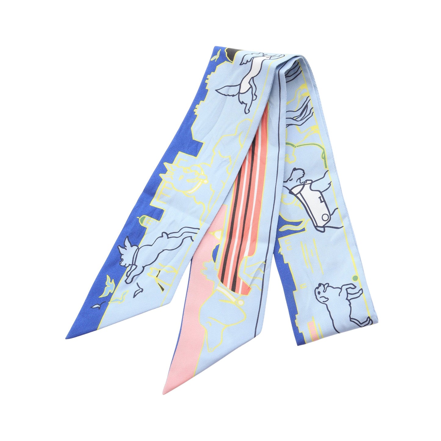 ツイリー Les Chiens Parisiens リボン スカーフ シルク ライトブルー マルチカラー エルメス 財布・小物 HERMES