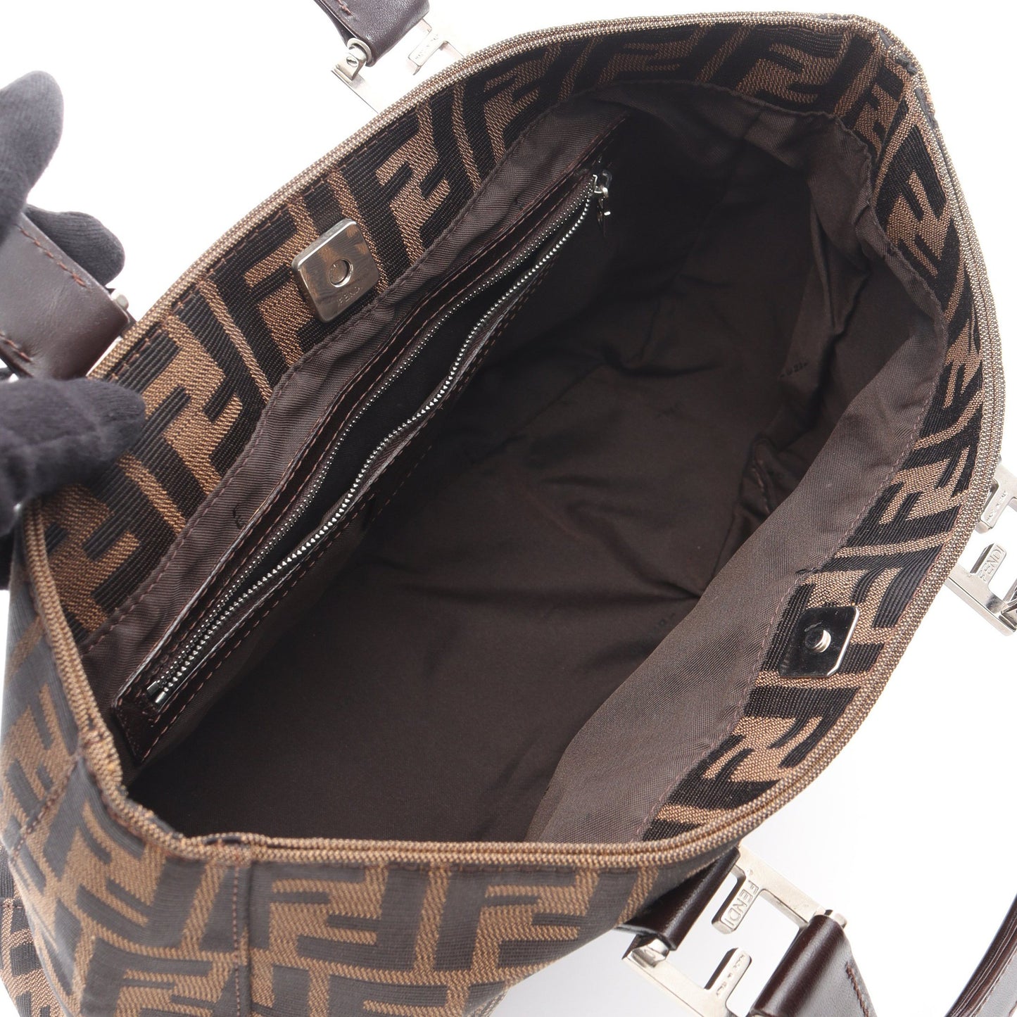 ズッカ ハンドバッグ トートバッグ キャンバス レザー ブラウン ダークブラウン フェンディ バッグ FENDI