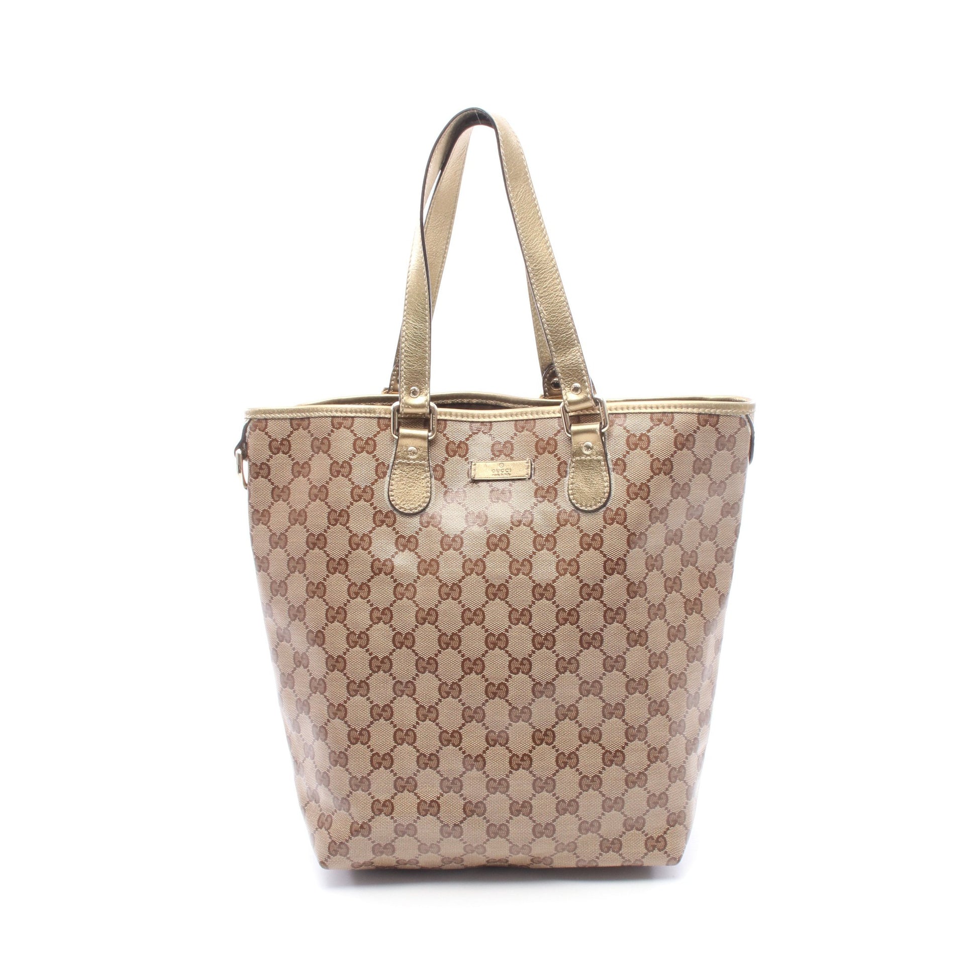 GGクリスタル ハンドバッグ トートバッグ コーティングキャンバス レザー ベージュ ブラウン ゴールド グッチ バッグ GUCCI