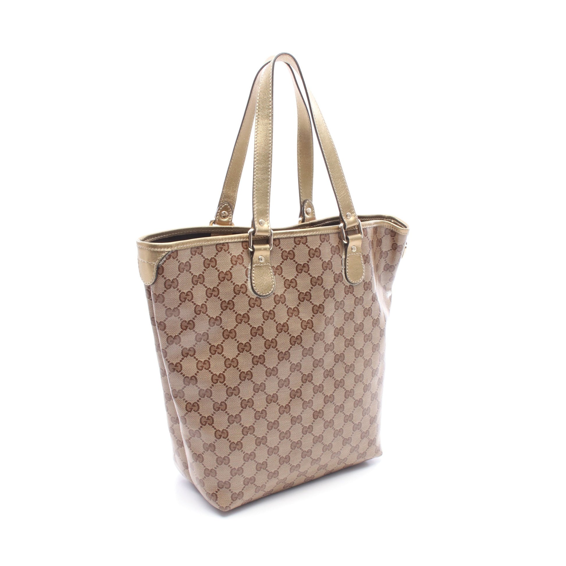 GGクリスタル ハンドバッグ トートバッグ コーティングキャンバス レザー ベージュ ブラウン ゴールド グッチ バッグ GUCCI