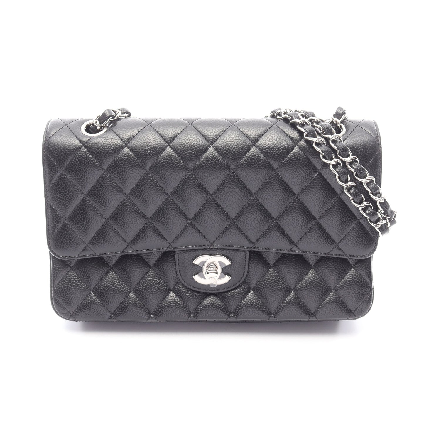 マトラッセ Wフラップ Wチェーンショルダーバッグ キャビアスキン ブラック シルバー金具 シャネル バッグ CHANEL