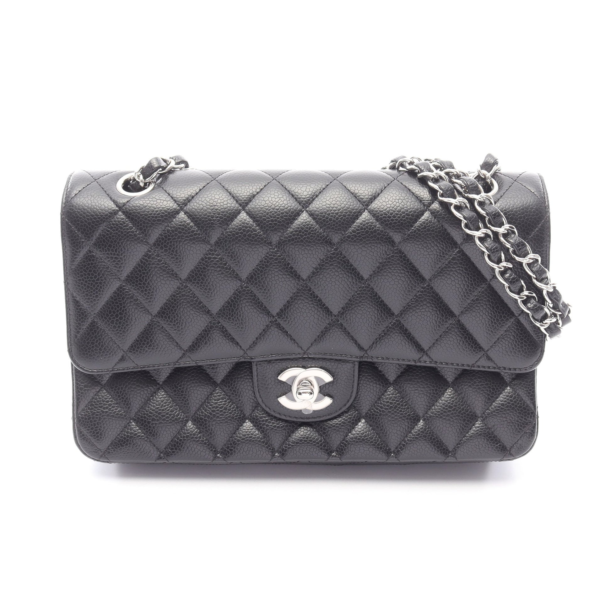 マトラッセ Wフラップ Wチェーンショルダーバッグ キャビアスキン ブラック シルバー金具 シャネル バッグ CHANEL