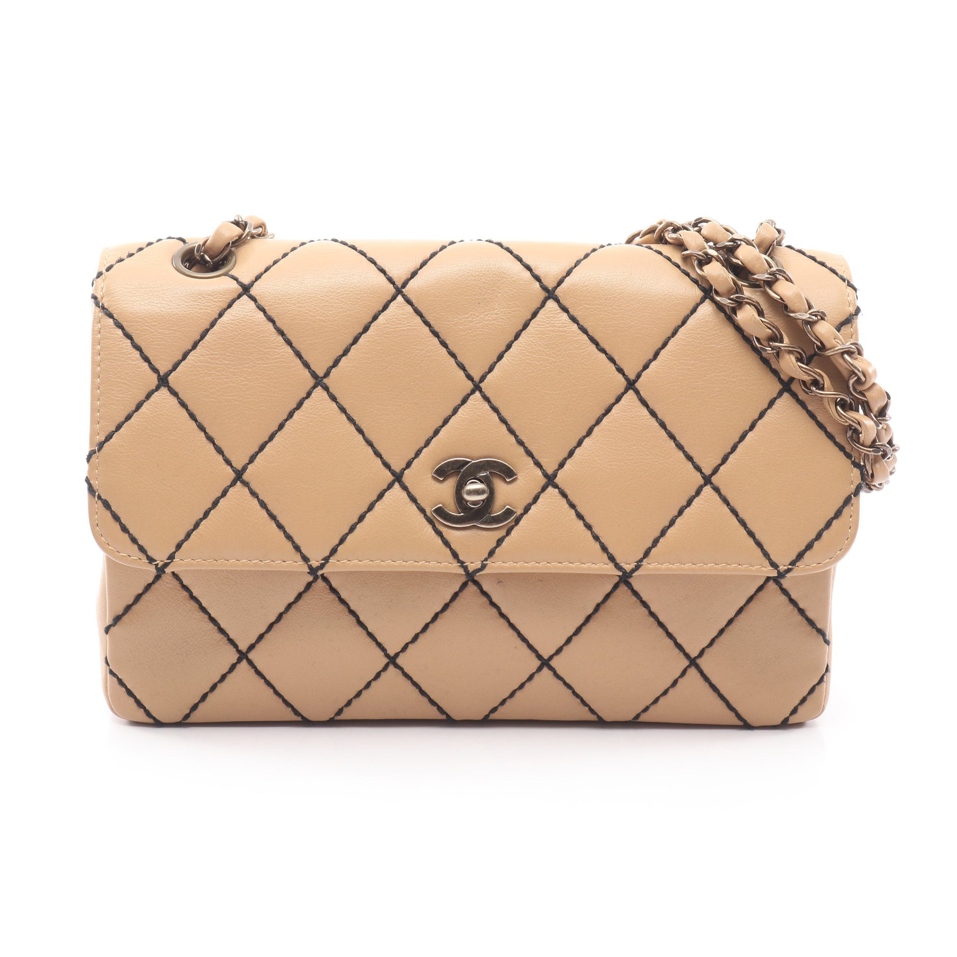 ワイルドステッチ アンティークゴールド金具 Wチェーンショルダーバッグ レザー ベージュ シャネル バッグ CHANEL