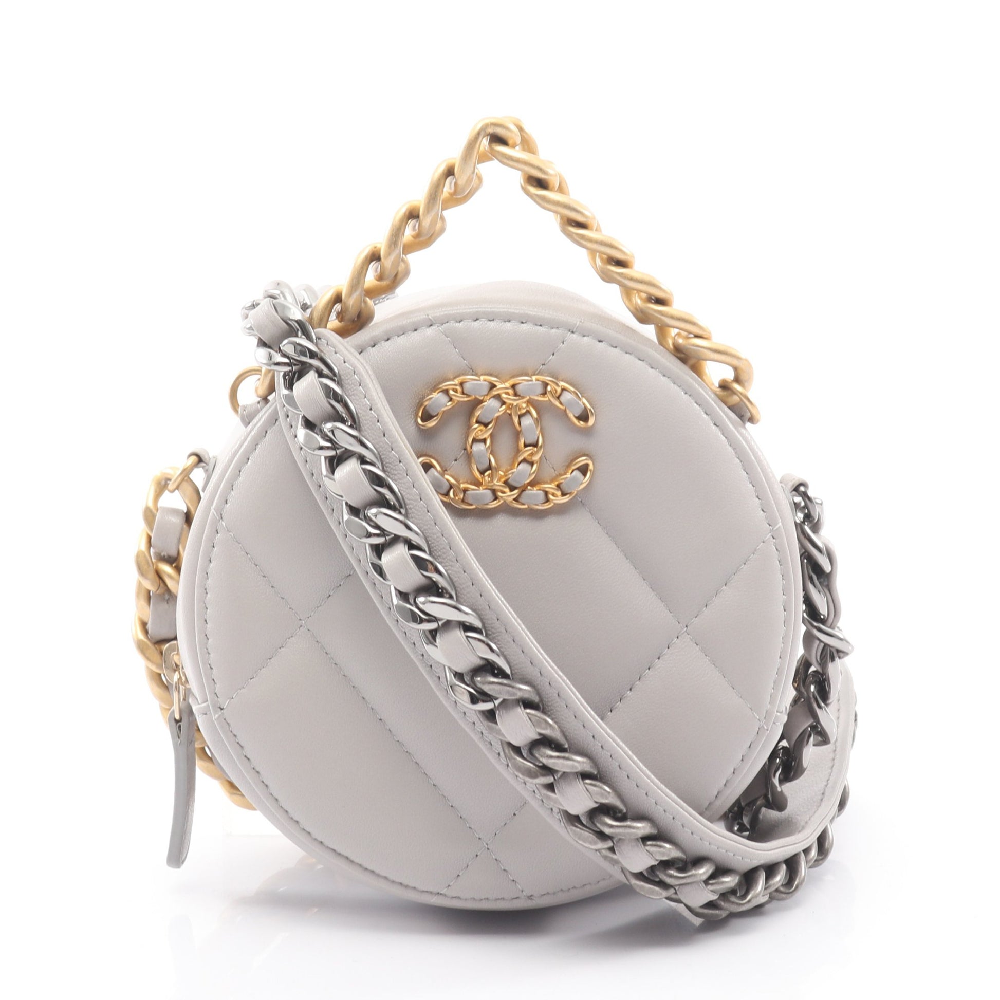 CHANEL19 マトラッセ ラウンド コンビ金具 2WAY チェーンショルダーバッグ ラムスキン ライトグレー シャネル バッグ CHANEL