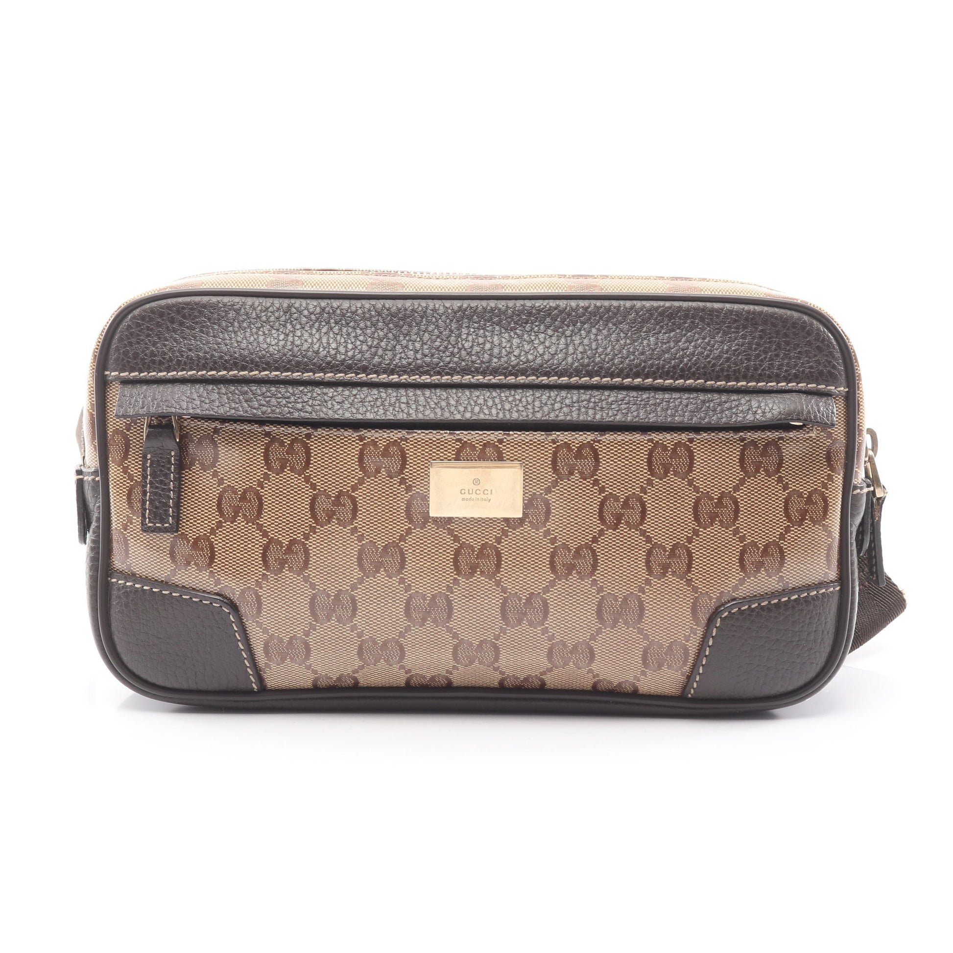 GGクリスタル ボディバッグ ウエストバッグ コーティングキャンバス レザー ベージュ ダークブラウン グッチ バッグ GUCCI