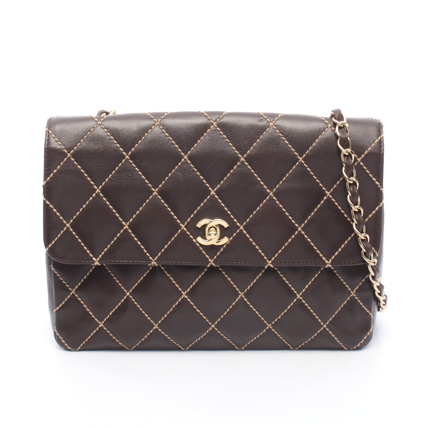 ワイルドステッチ チェーンショルダーバッグ レザー ダークブラウン ゴールド金具 シャネル バッグ CHANEL