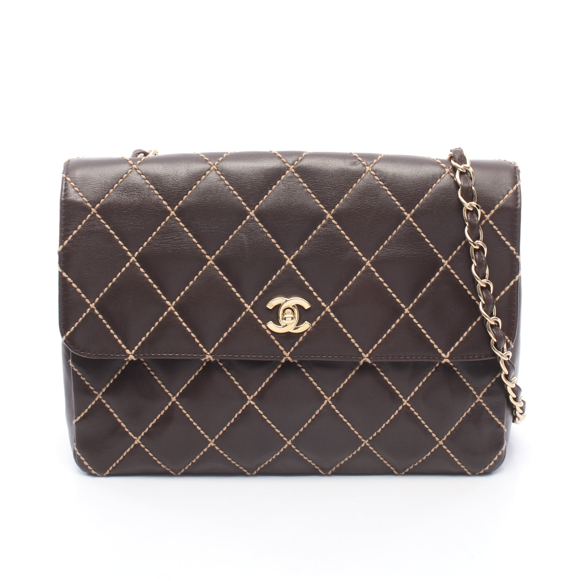 ワイルドステッチ チェーンショルダーバッグ レザー ダークブラウン ゴールド金具 シャネル バッグ CHANEL