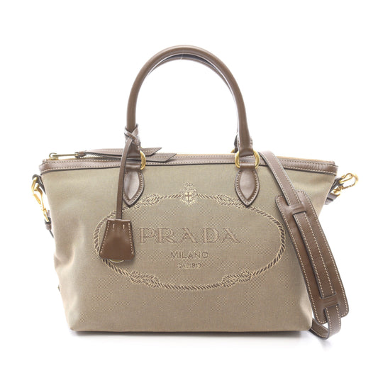 ロゴジャガード 2WAY ハンドバッグ キャンバス レザー カーキブラウン ダークブラウン プラダ バッグ PRADA