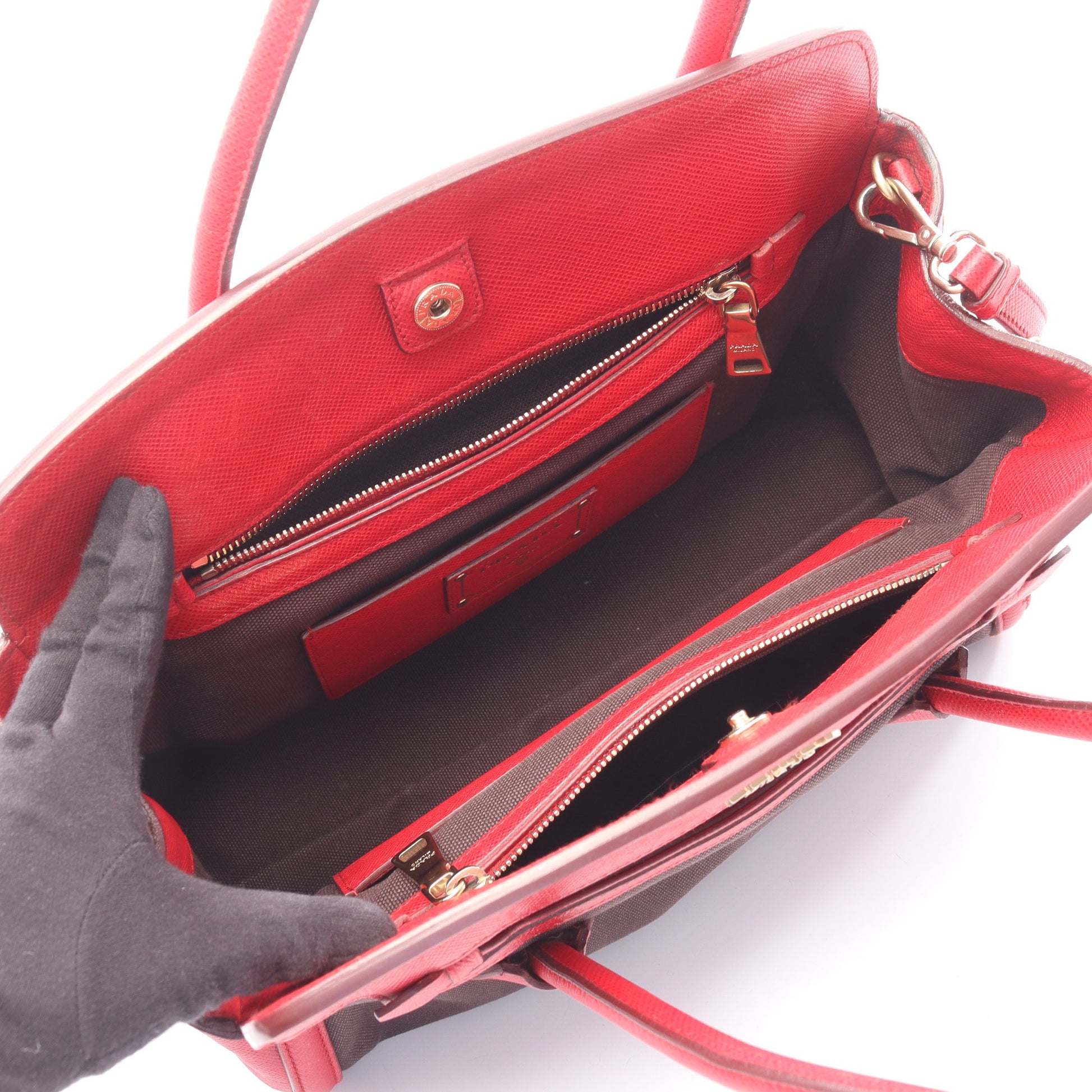 CANAPA+SAFFIANO 2WAY ハンドバッグ キャンバス サフィアーノレザー ブラック レッド プラダ バッグ PRADA