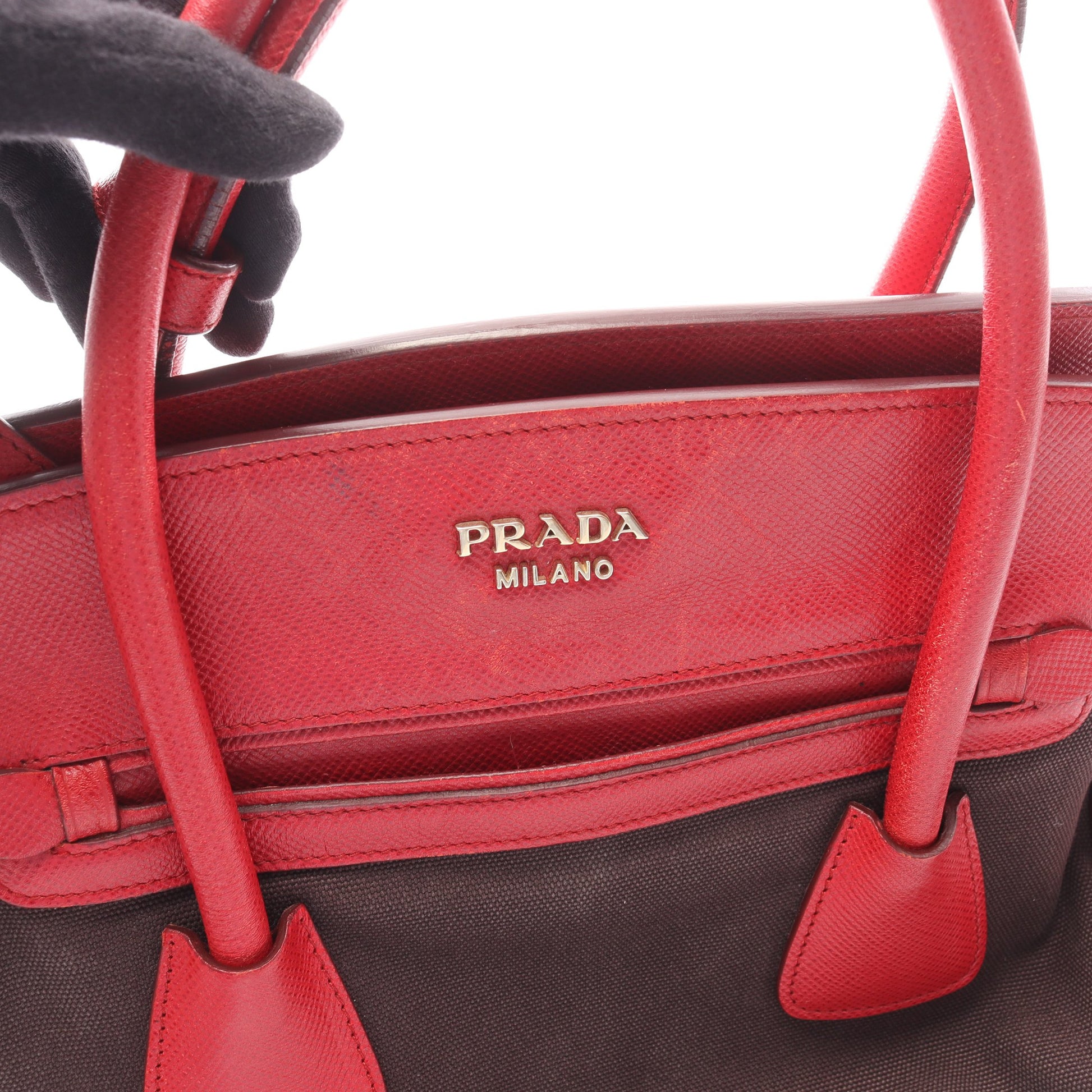 CANAPA+SAFFIANO 2WAY ハンドバッグ キャンバス サフィアーノレザー ブラック レッド プラダ バッグ PRADA