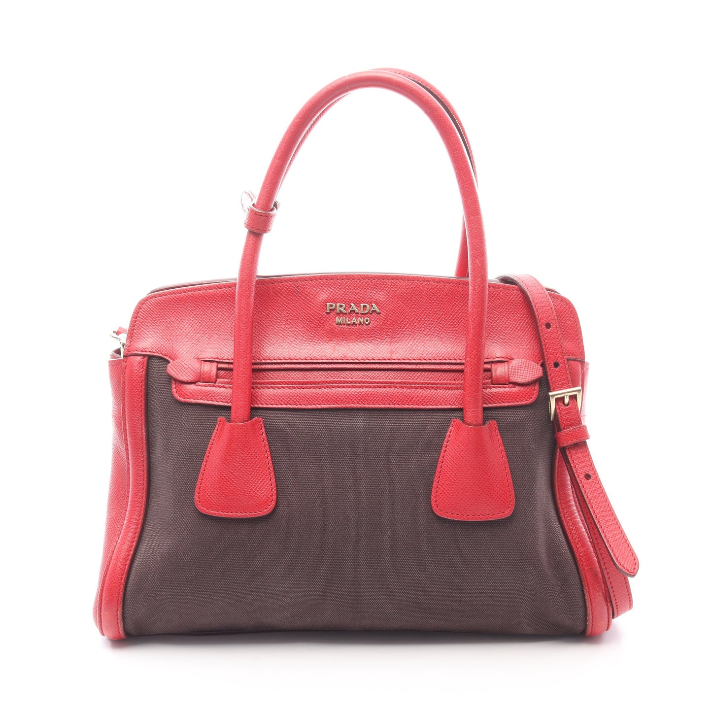 CANAPA+SAFFIANO 2WAY ハンドバッグ キャンバス サフィアーノレザー ブラック レッド プラダ バッグ PRADA