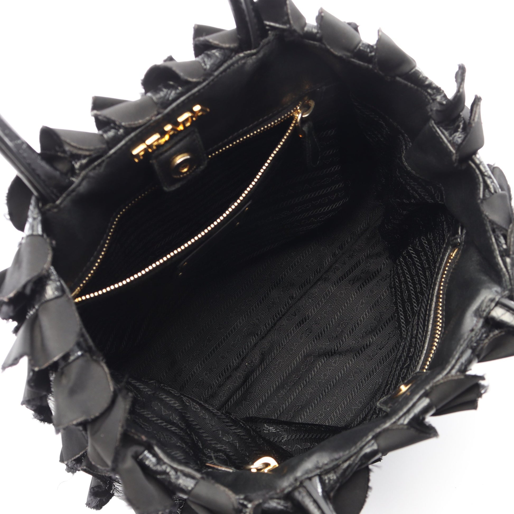フリル ハンドバッグ ナイロン エナメルレザー ブラック プラダ バッグ PRADA
