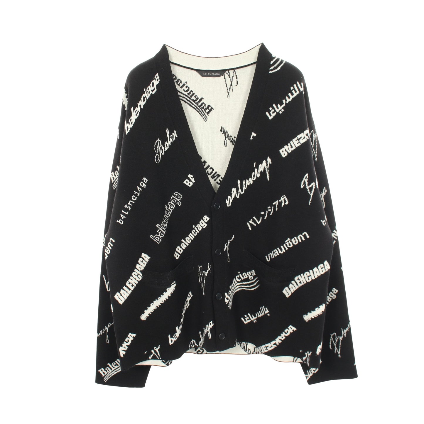 ロゴ 総柄 Vネック ニット カーディガン ウール ブラック ホワイト バレンシアガ トップス BALENCIAGA