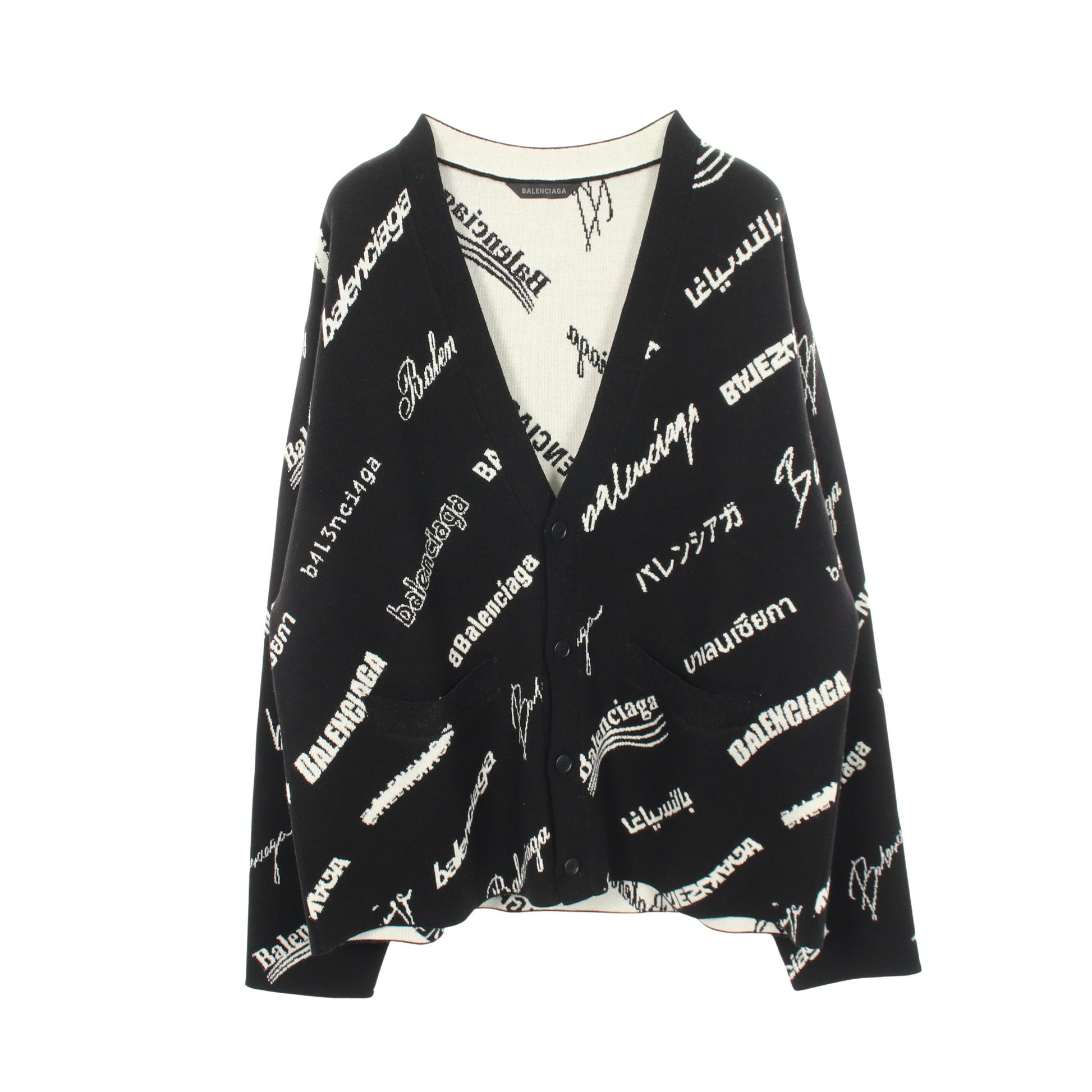 ロゴ 総柄 Vネック ニット カーディガン ウール ブラック ホワイト バレンシアガ トップス BALENCIAGA