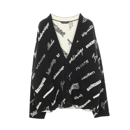 ロゴ 総柄 Vネック ニット カーディガン ウール ブラック ホワイト バレンシアガ トップス BALENCIAGA