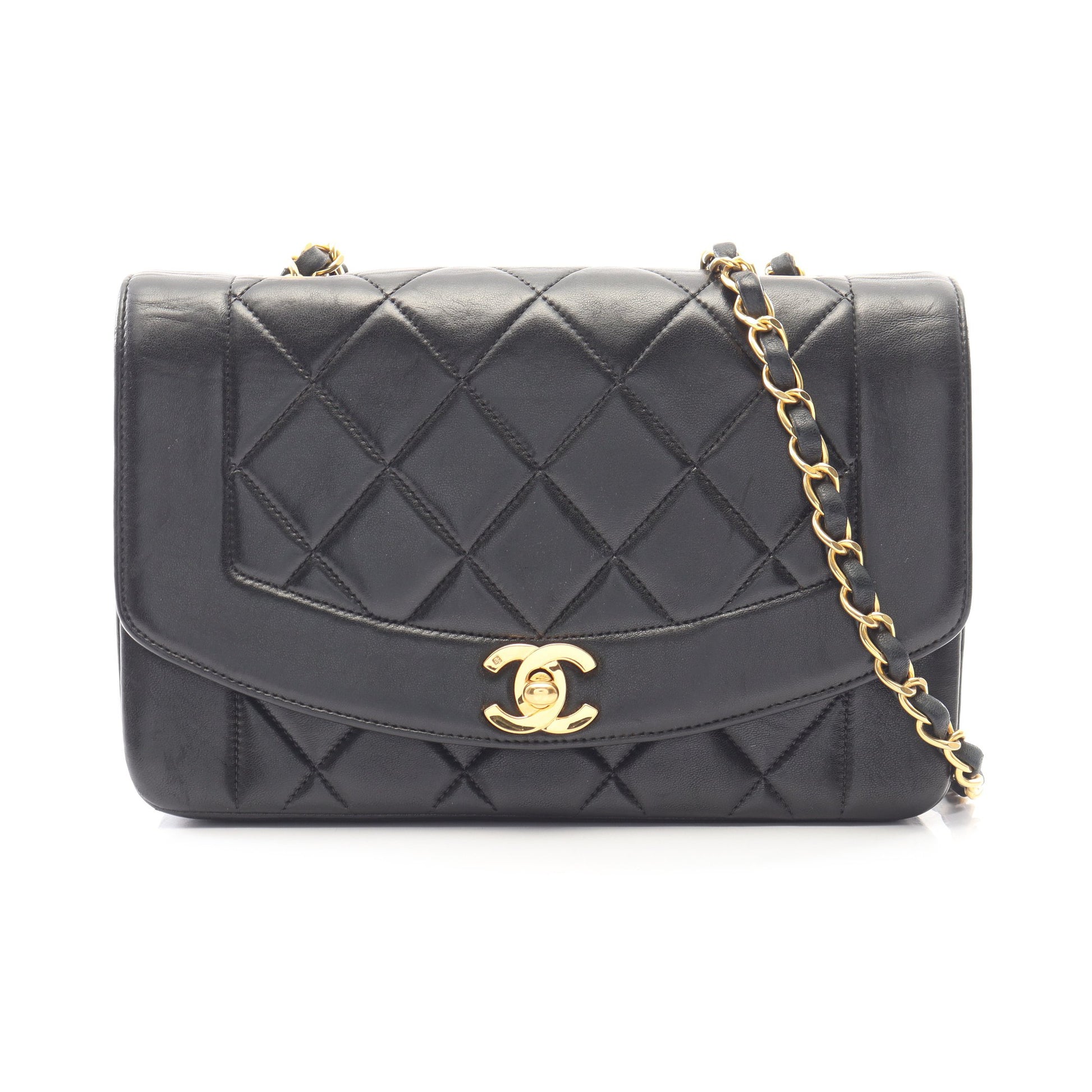 マトラッセ ダイアナフラップ チェーンショルダーバッグ ラムスキン ブラック ゴールド金具 シャネル バッグ CHANEL