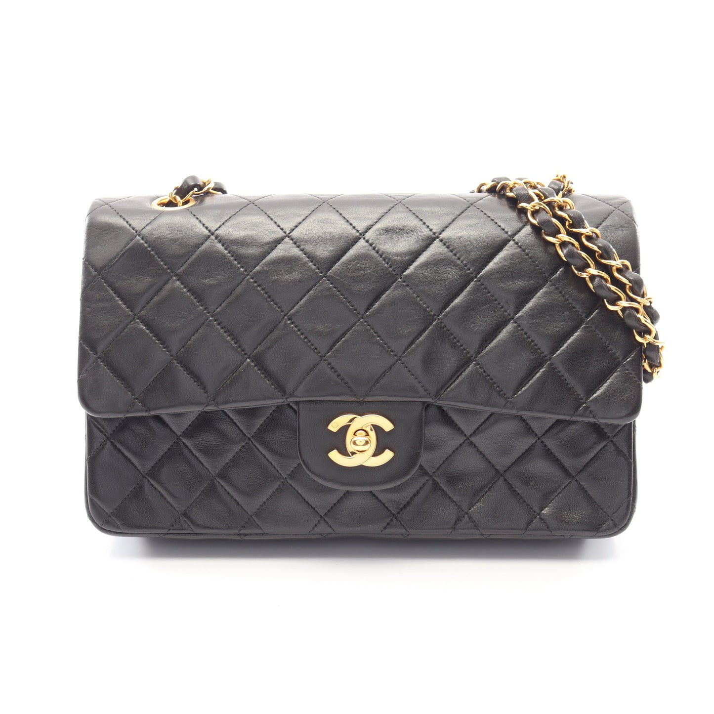 マトラッセ Wフラップ Wチェーンショルダーバッグ ラムスキン ブラック ゴールド金具 シャネル バッグ CHANEL