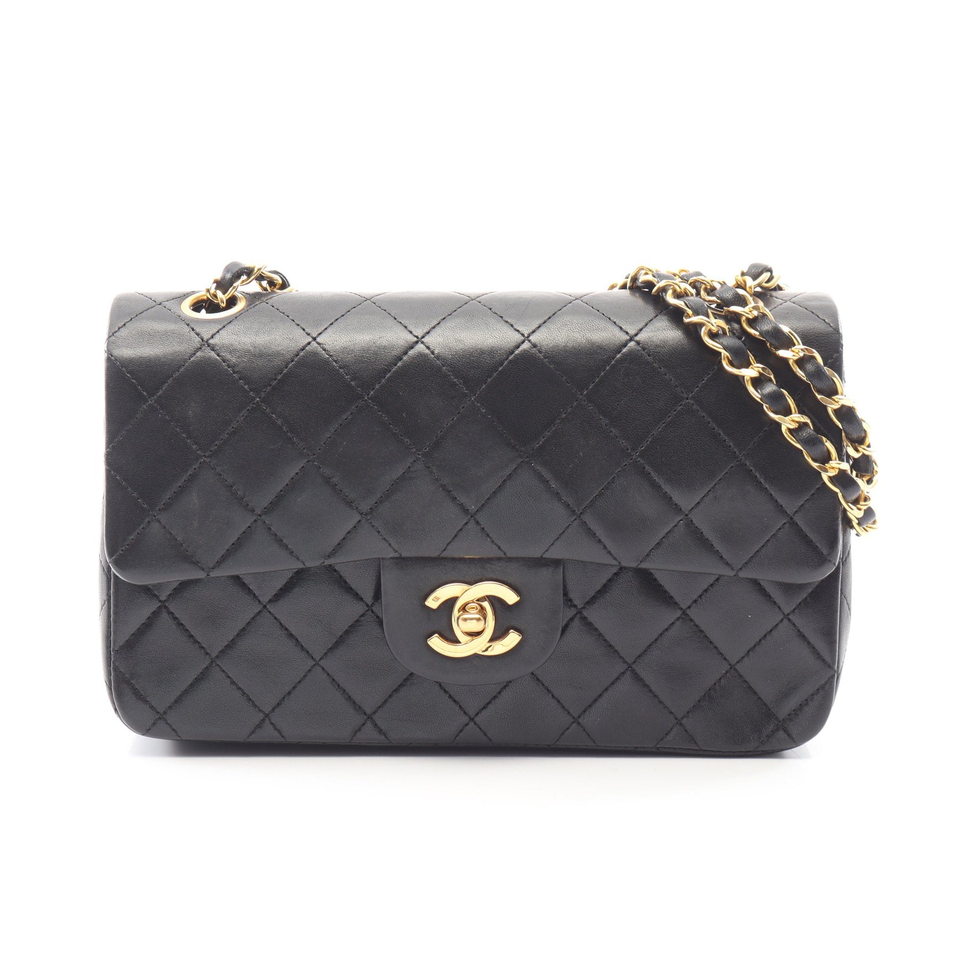 マトラッセ Wフラップ Wチェーンショルダーバッグ ラムスキン ブラック ゴールド金具 ヴィンテージ シャネル バッグ CHANEL