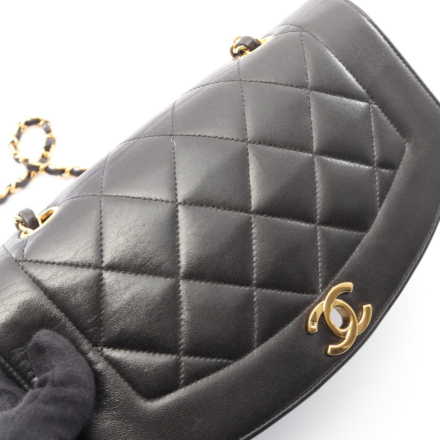 マトラッセ ダイアナフラップ チェーンショルダーバッグ ラムスキン ブラック ゴールド金具 シャネル バッグ CHANEL