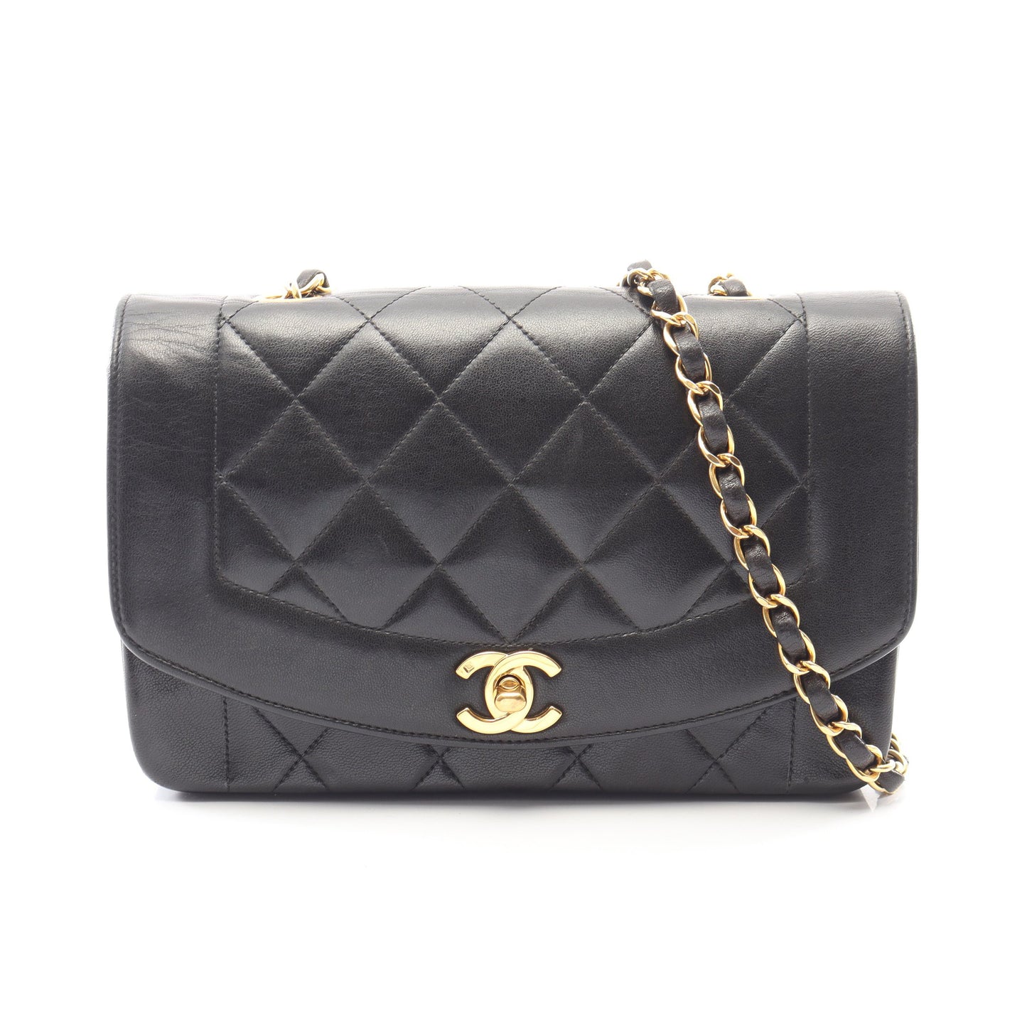 マトラッセ ダイアナフラップ チェーンショルダーバッグ ラムスキン ブラック ゴールド金具 シャネル バッグ CHANEL