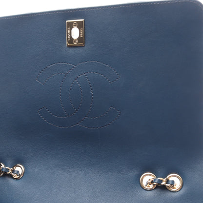 Vステッチ シェブロン フルフラップ Wチェーンショルダーバッグ ラムスキン ブルー ゴールド金具 シャネル バッグ CHANEL
