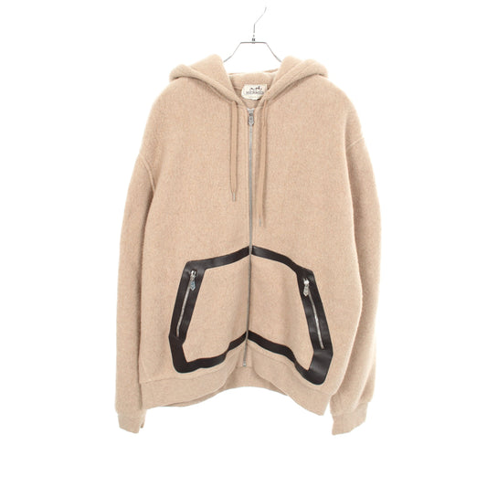 フード付き ジップアップ ジャケット ウール カシミヤ レザー ベージュ ダークブラウン エルメス