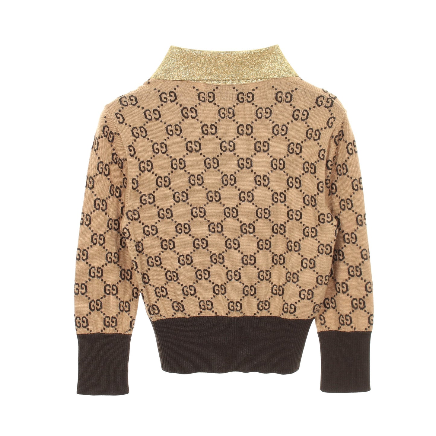GGパターン ウルフパッチ クロップドシャツ ニット ウール ライトブラウン ダークブラウン ゴールド グッチ トップス GUCCI