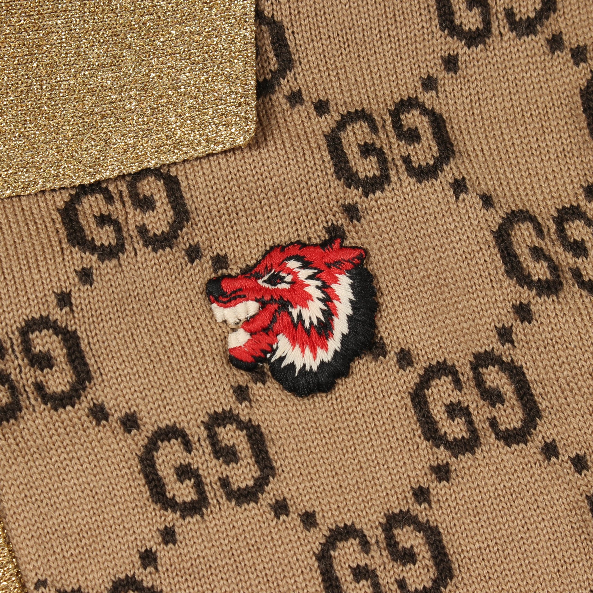 GGパターン ウルフパッチ クロップドシャツ ニット ウール ライトブラウン ダークブラウン ゴールド グッチ トップス GUCCI