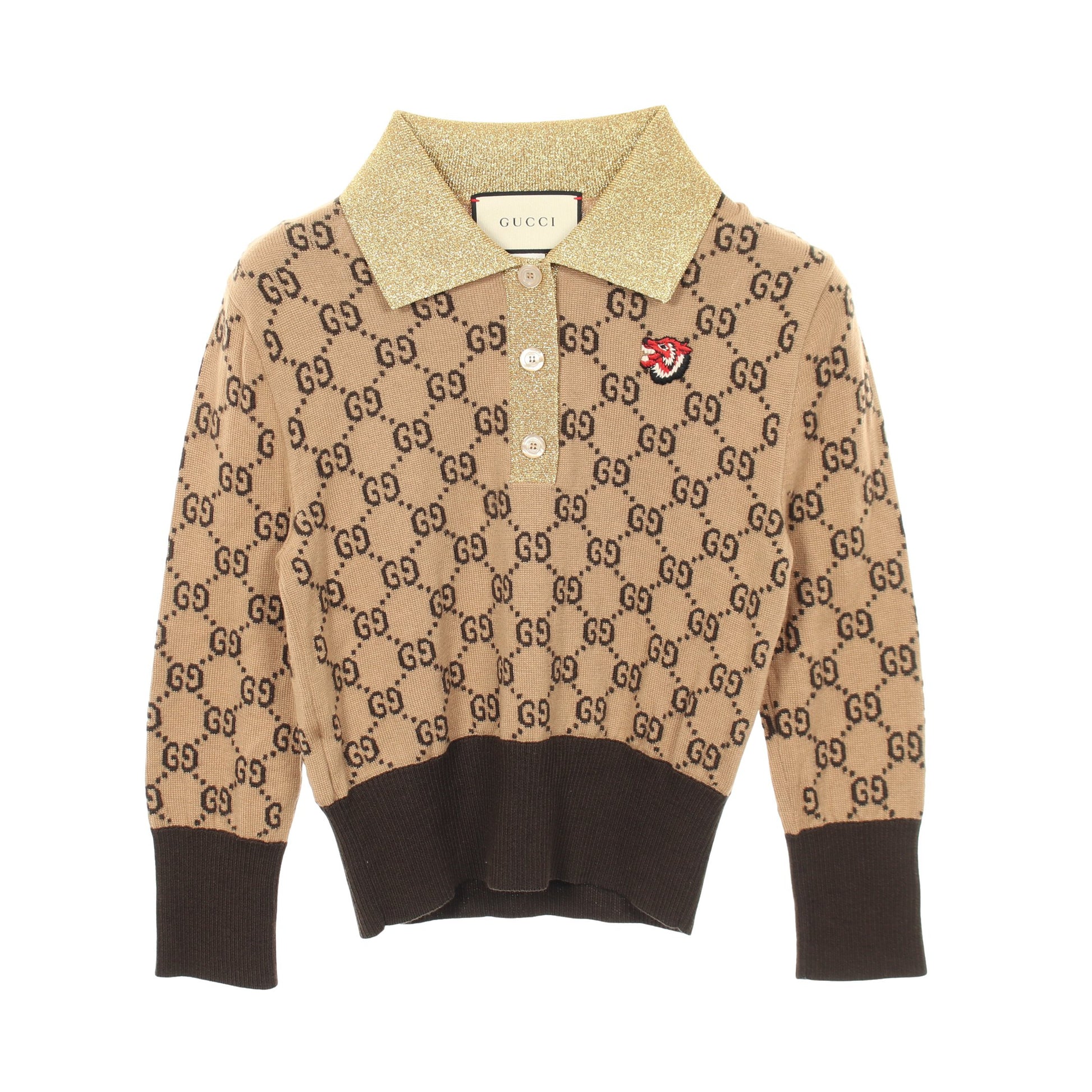 GGパターン ウルフパッチ クロップドシャツ ニット ウール ライトブラウン ダークブラウン ゴールド グッチ トップス GUCCI