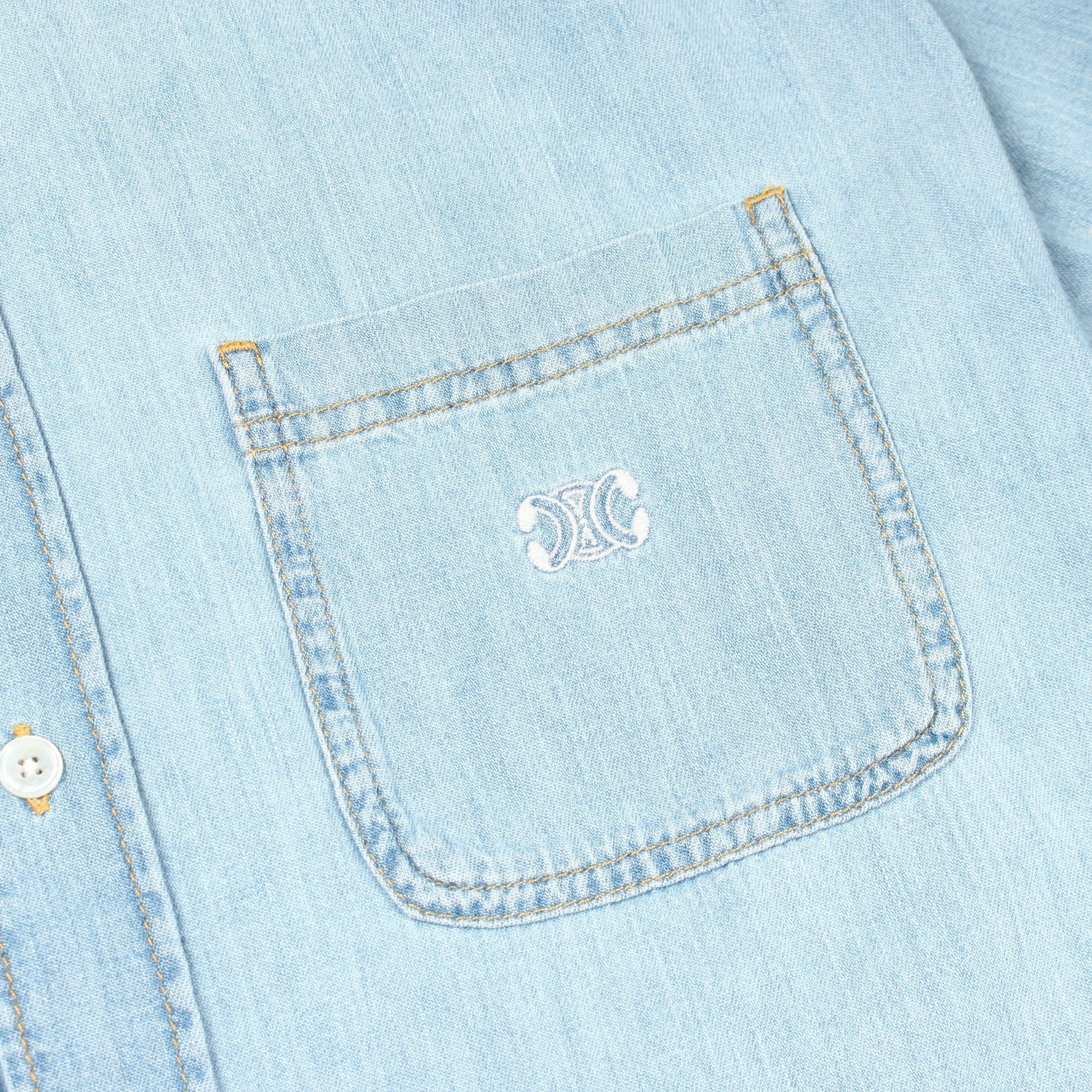 トリオンフ刺繍 クロップド デニムシャツ コットン ライトブルー