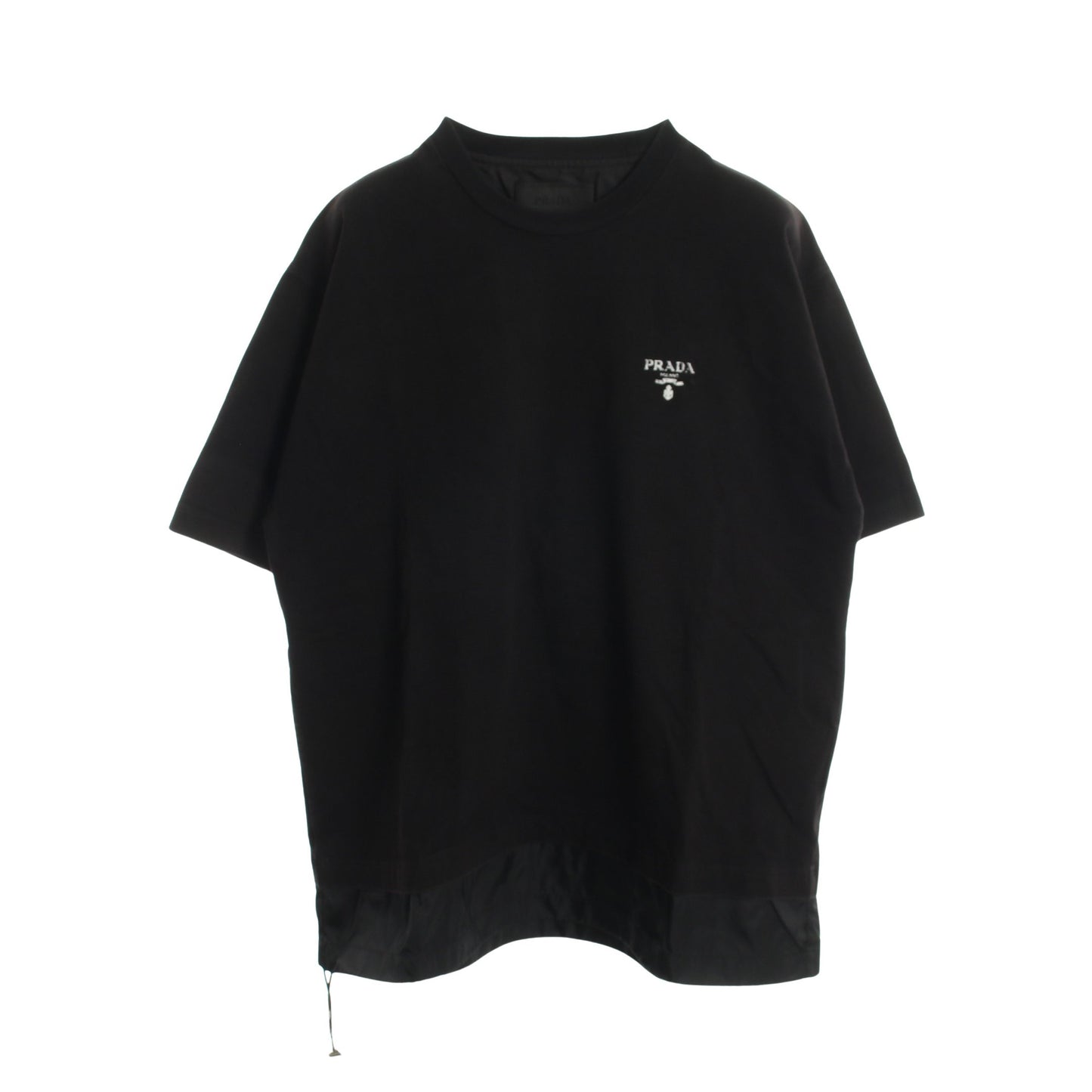 ロゴプリント ナイロン切替 クルーネック 半袖Tシャツ コットン ナイロン ブラック プラダ トップス PRADA