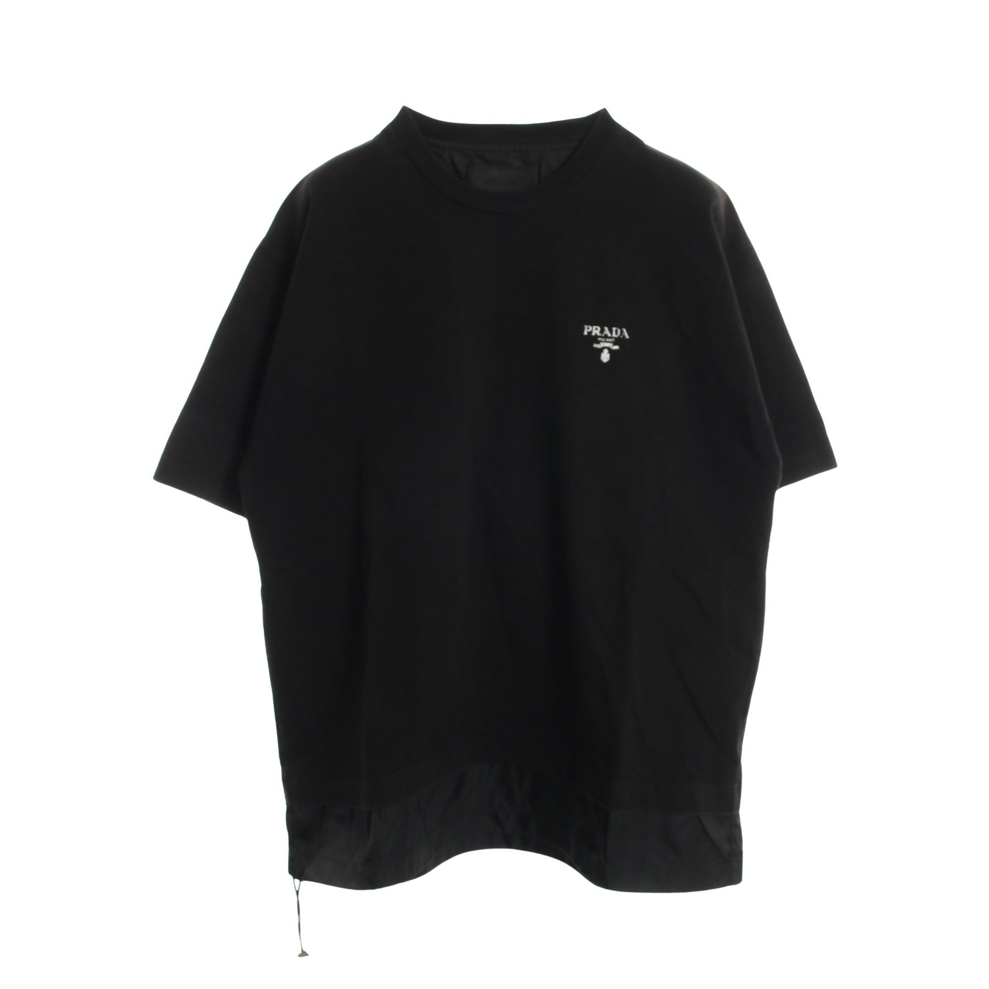 ロゴプリント ナイロン切替 クルーネック 半袖Tシャツ コットン ナイロン ブラック プラダ トップス PRADA