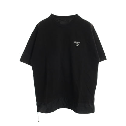 ロゴプリント ナイロン切替 クルーネック 半袖Tシャツ コットン ナイロン ブラック プラダ トップス PRADA