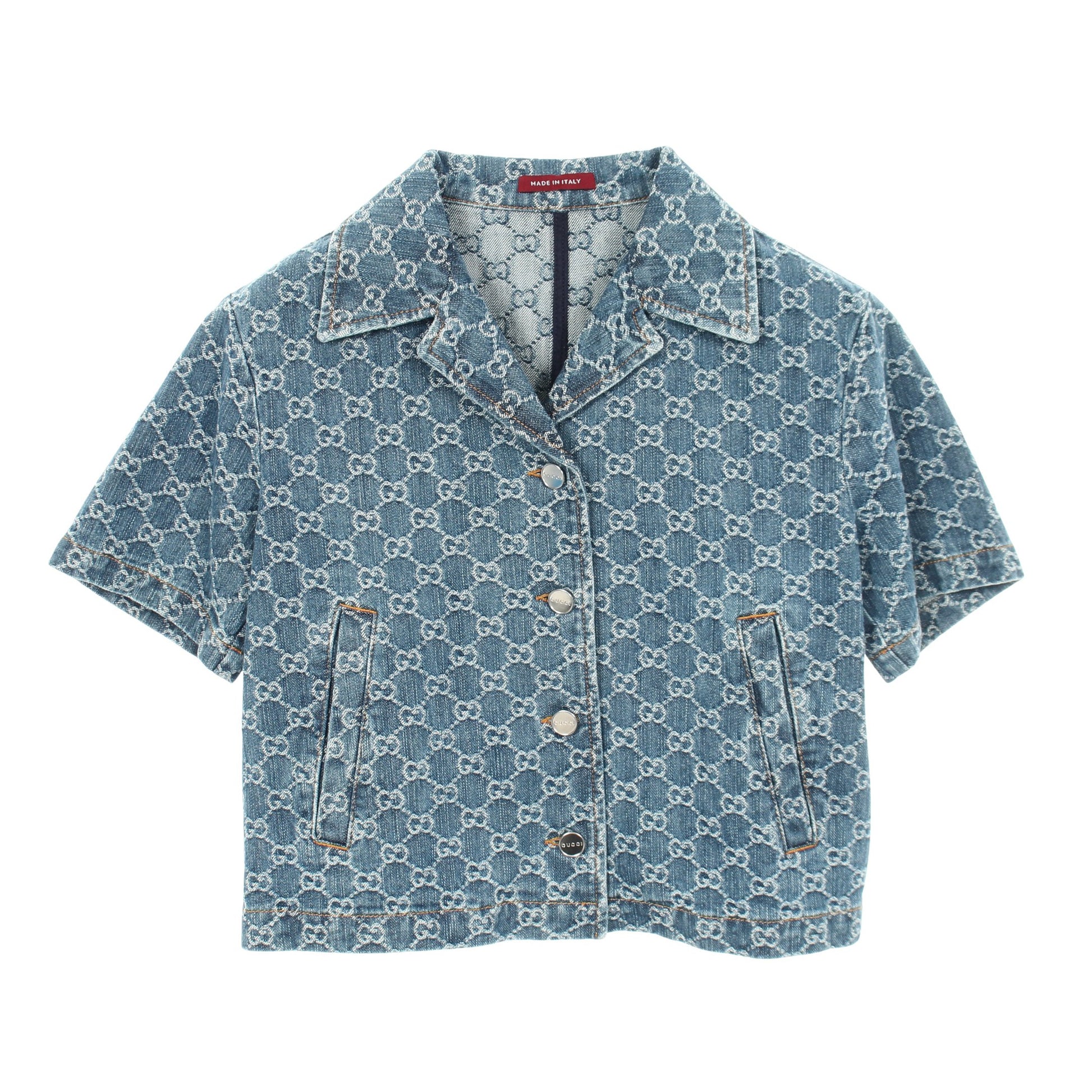 GGジャガード オープンカラー 半袖 デニムシャツ コットン ブルー グッチ トップス GUCCI