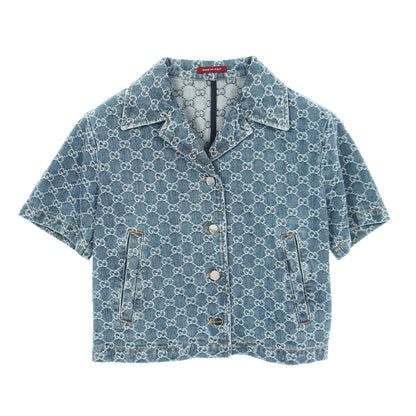 GGジャガード オープンカラー 半袖 デニムシャツ コットン ブルー グッチ トップス GUCCI