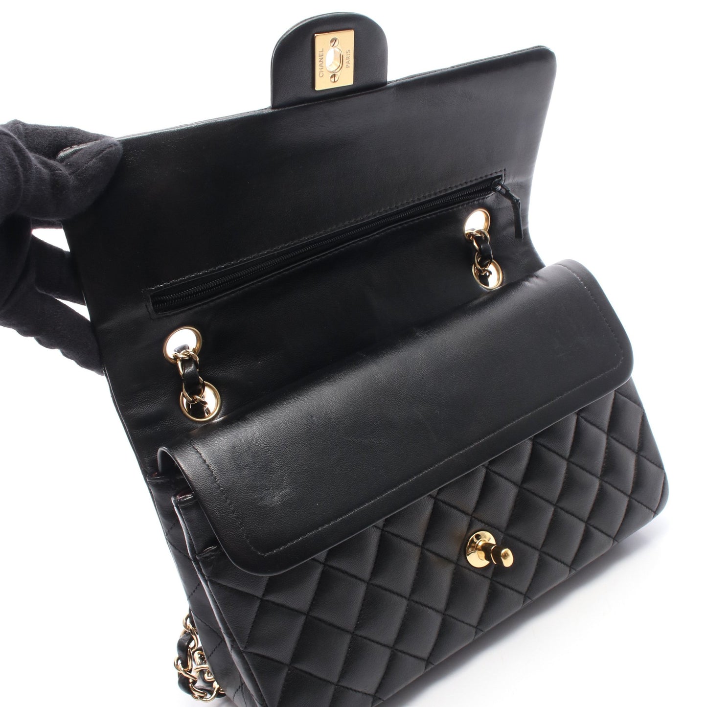 マトラッセ Wフラップ Wチェーンショルダーバッグ レザー ブラック ゴールド金具 シャネル バッグ CHANEL