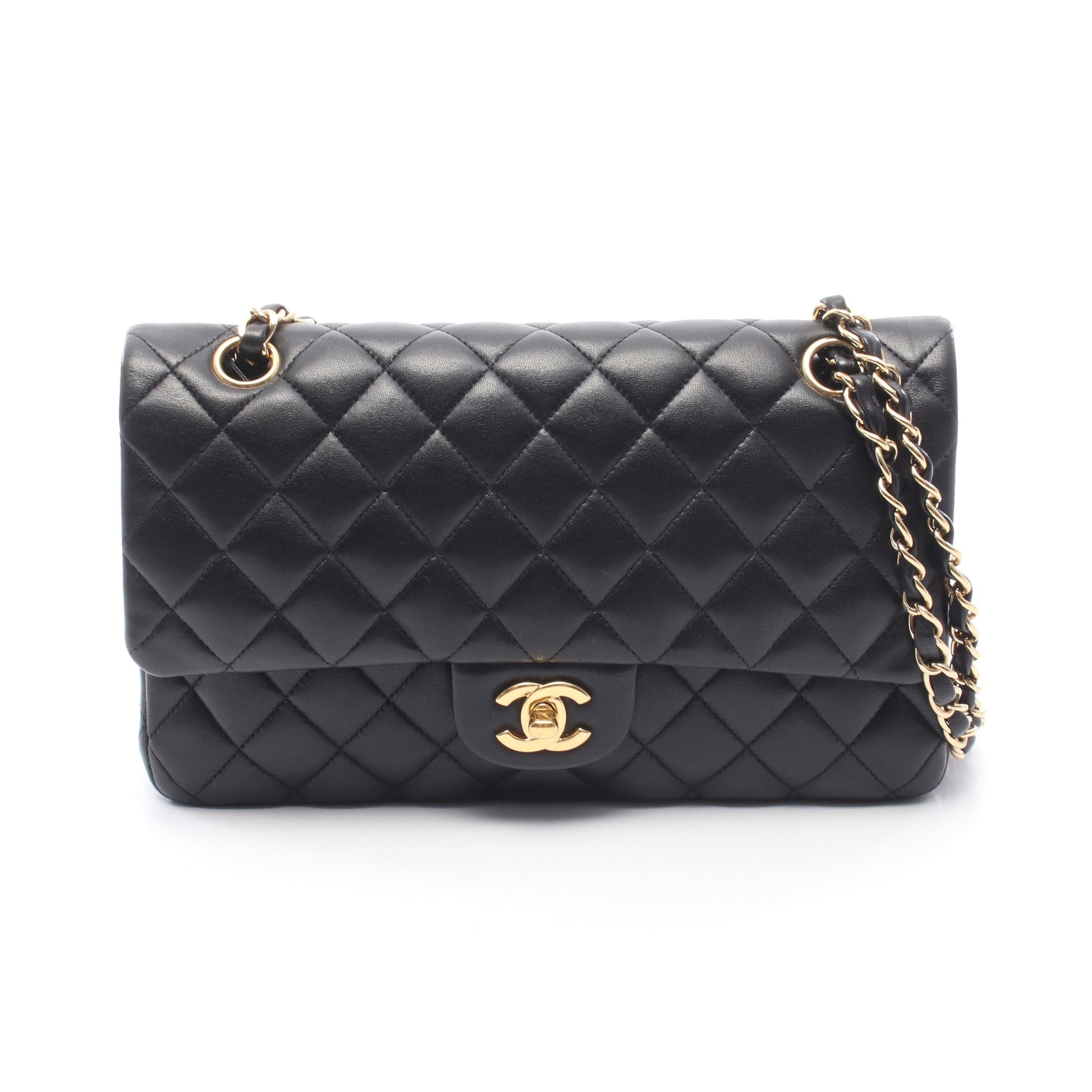 マトラッセ Wフラップ Wチェーンショルダーバッグ レザー ブラック ゴールド金具 シャネル バッグ CHANEL