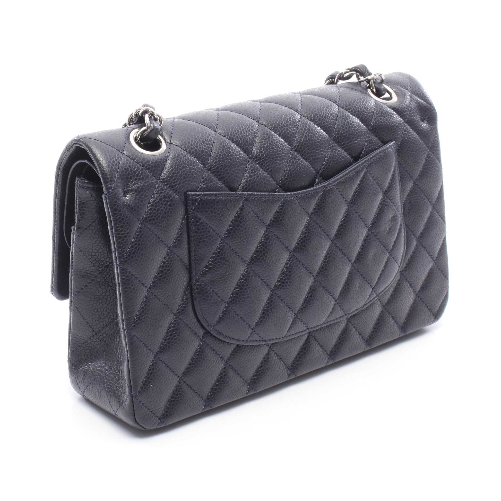 マトラッセ Wフラップ Wチェーンショルダーバッグ キャビアスキン ネイビー シルバー金具 シャネル バッグ CHANEL