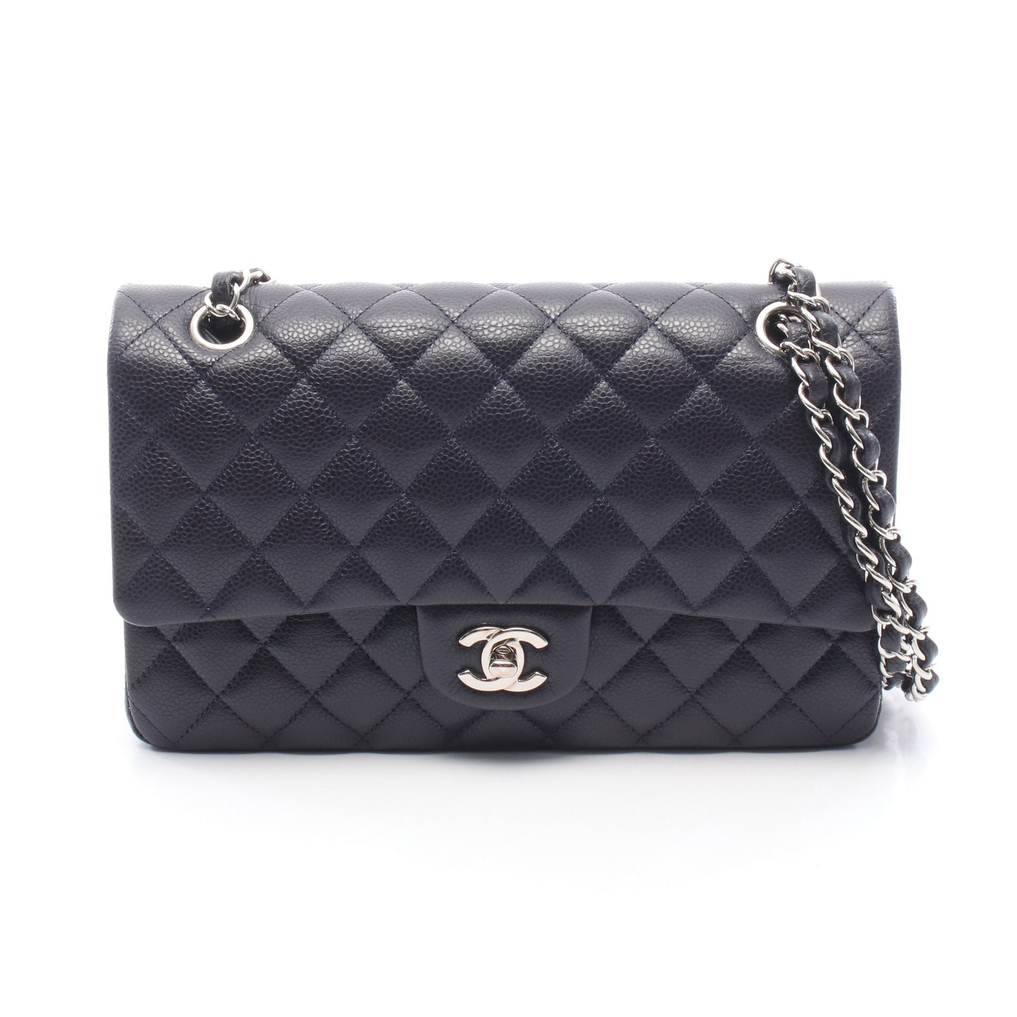 マトラッセ Wフラップ Wチェーンショルダーバッグ キャビアスキン ネイビー シルバー金具 シャネル バッグ CHANEL