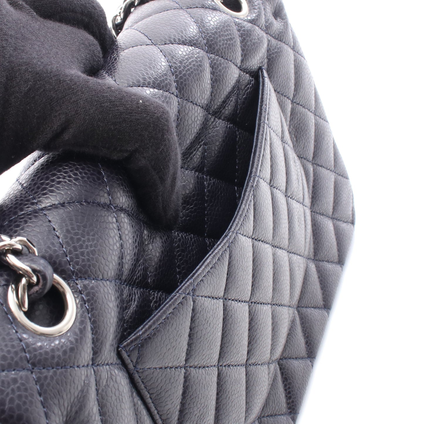 マトラッセ Wフラップ Wチェーンショルダーバッグ キャビアスキン ネイビー シルバー金具 シャネル バッグ CHANEL